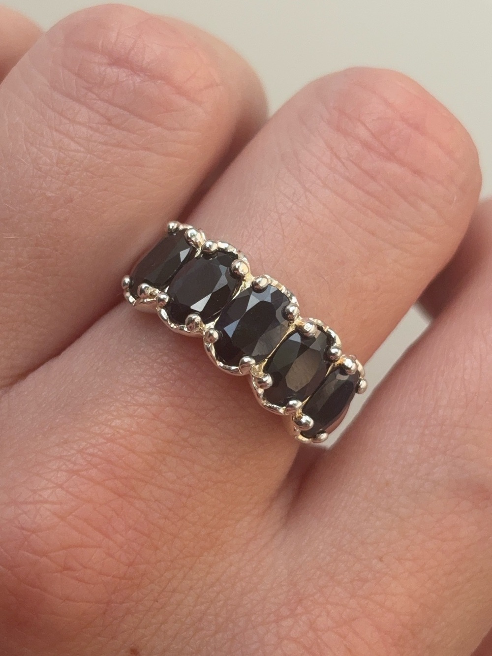 Sterling Silver Natural Black Sapphire Five Stone Gemstone Band Ring